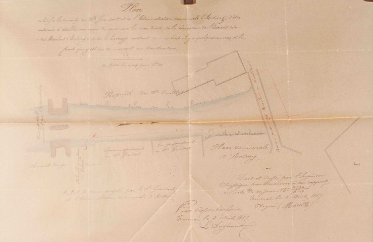 Plan relatif à la demande du Seigneur Grandsart et de l'administration communale d'Antoing d'être autorisé à établir un mur sur la rive droite de la dérivation de l'Escaut dite "des Moulins d'Antoing" entre le barrage construit dans ce bras il y a quelques années et le pont qui y est en ce moment en construction.