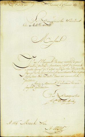 Lettre du bourgmestre président de la ville de Namur (le Comte de la Roche) à Monsieur Maus afin de l'installer dans ses nouvelles fonctions à la Commission administrative des hospices.