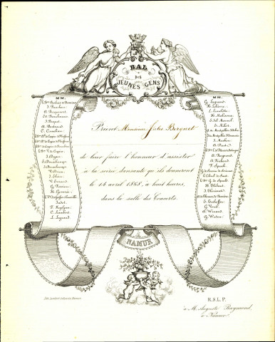 Invitations, adressées à M. et Mme Borgnet, aux bals des jeunes gens qui auront lieu, dans la salle des concerts, les 18 avril 1865, 23 avril 1867, 14 avril 1868 et 28 avril 1869.