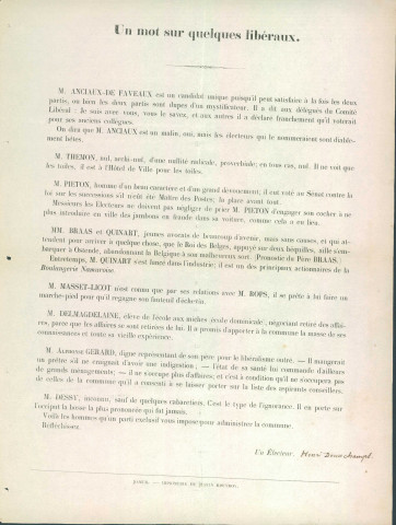 Document écrit par un électeur anonyme qu'une mention manuscrite identifie avec Henri Douxchamps, dans lequel sont fustigés les candidats libéraux.