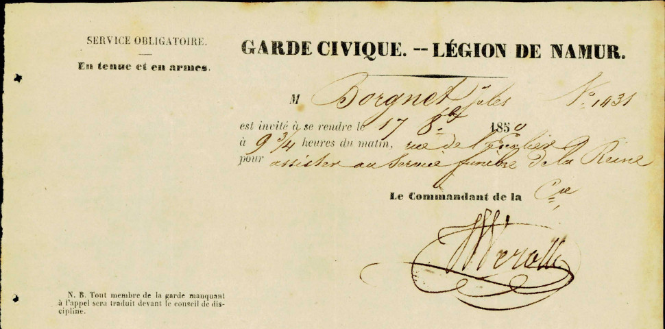 Convocation, dans le cadre du service obligatoire, de Jules Borgnet pour assister, le 17 octobre 1850, au service funèbre de la reine Louise-Marie d'Orléans.