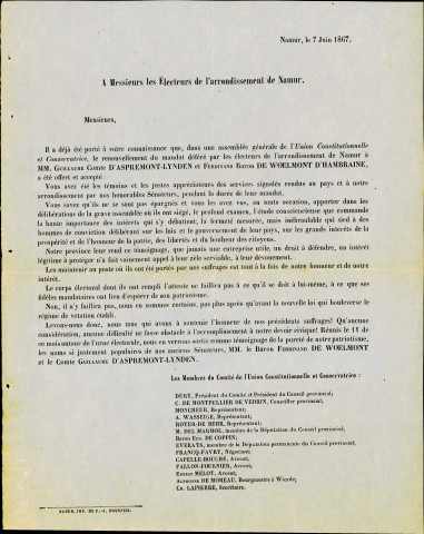 Appel à voter pour les candidats de l'Union constitutionnelle et conservatrice de l'arrondissement de Namur.