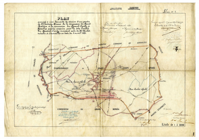 Plan annexé à une demande de réunion d'une partie de 27 hectares 80 ares de la concession du Grand Bordia à la concession du Grand Conty à Gosselies partie acquise par la dite Société du Grand Conty suivant acte de Me Buchet notaire à Courcelles en date du 8 avril 1891. Plan n° 1.