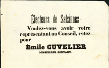 Billet appelant les électeurs de Salzinnes à voter pour Émile Cuvelier.