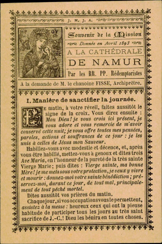 Souvenir de la mission donnée, en avril 1893, à la cathédrale de Namur, par les pères Rédemptoristes, à la demande du chanoine Fisse, archiprêtre.