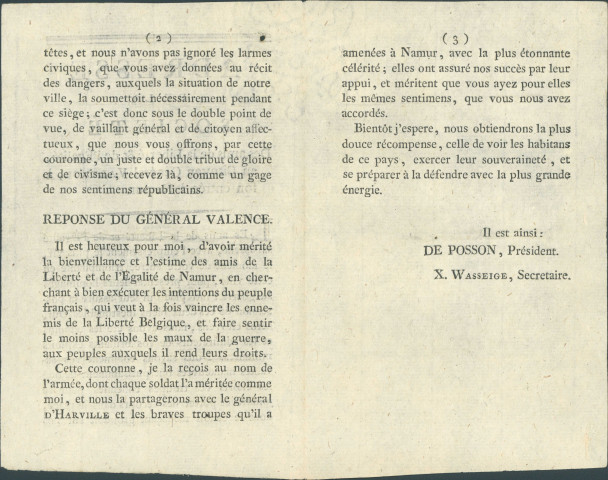 Adresse de la Société des Amis de la Liberté et de l'Egalité au citoyen général Valence à son entrée à Namur. Réponse du général Valence (signé président De Posson, secrétaire X. Wasseige)