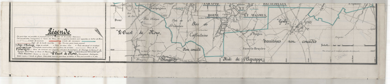 Plan de surface (...) annexée à la requête collective de la Sté Ame des Charbonnages du hainaut, à Hautrage, et de la Sté Ame John Cockerill (Division des Charbonnages Belges, à Frameries) (...) tendant à obtenir l'autorisation d'échanger le long de la limite commune à leurs concessions respectives de "Hautrage et Hornu", et de "Agrappe-Escouffiaux et Hornu et Wasmes", certaines parties des dites concessions.