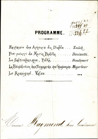 Invitation, adressée à Monsieur Raymond, sous-lieutenant, au banquet offert, le 13 décembre 1870, par Charles Gomrée, lieutenant-colonel et commandant de la Garde civique, aux officiers de la Légion et aux membres du tribunal et à la Chambre de commerce de Namur.