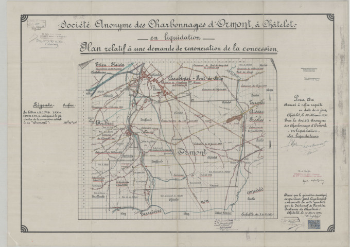 Société Anonyme des Charbonnages d'Ormont, à Châtelet. - en liquidation - Plan relatif à une demande de renonciation de la concession.