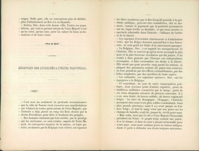 Discours lu par le bourgmestre François Dufer à Léopold Ier, à l'occasion du 25e anniversaire de l'inauguration de son règne. Brochure de 8 pages éditée à Namur, chez D. Gérard, en 1856.