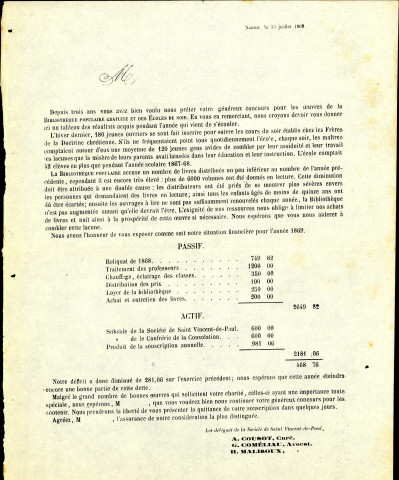 Résultats de la Bibliothèque populaire gratuite et des Écoles du soir. Ce document est signé par trois délégués de la Société de Saint-Vincent de Paul.