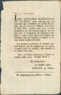 Annonce des officiers municipaux de Namur invitant les habitants à faire don de chemises pour les malades et les blessés de l'hôpital des braves. Signé Coppoy.