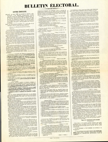 Bulletin électoral publiant une lettre que le journal Le Libéral n'a pas voulu publier et qui relate les démêlés commerciaux entre Carlier-de Saint-Hubert, entrepreneur, et Félix Wodon, au sujet des bois de charpente fournis par ce dernier pour la construction du théâtre de Namur.