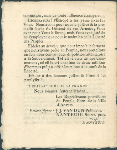 Adresse des représentants provisoires du peuple libre de la Ville d'Anvers à la Convention nationale de France