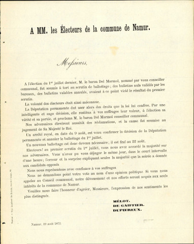 Tract électoral de Mélot, de Gaiffier et Dupiereux.