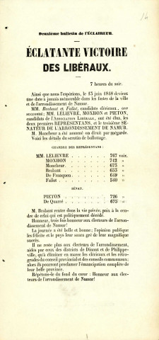 Deuxième bulletin de L'Éclaireur intitulé : « Éclatante victoire des libéraux. »