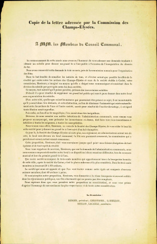 Copie, non datée, de la lettre adressée par la Commission des Champs-Élysées aux membres du Conseil communal de la ville de Namur. Ce document concerne les festivités que la Société des Champs-Élysées espère mettre sur pied à l'occasion de l'inauguration du chemin de fer, en 1843.