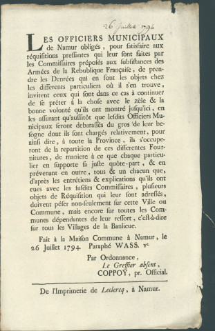 Annonce des officiers municipaux de Namur sur la volonté de répartition équitable des fournitures aux armées françaises. Signé Coppoy.