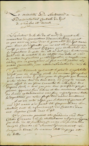 Instructions sur la loi du 16 vendémiaire an 5 (7 octobre 1796) quant à la nomination des commissions administratives des hospices civils, provenant du Ministre de l'intérieur (Bénézech), à destination de l'administration centrale du département de Sambre et Meuse. Copie conforme.