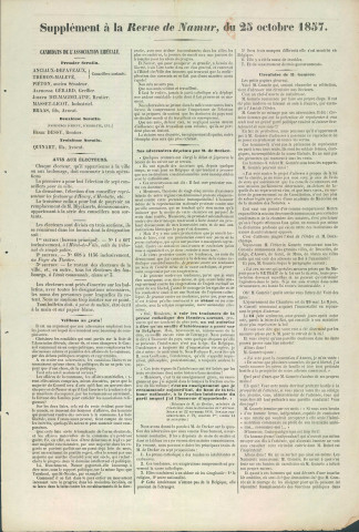 Supplément à La Revue de Namur du 25 octobre 1857 appelant à voter pour les candidats de l'Association libérale de Namur.