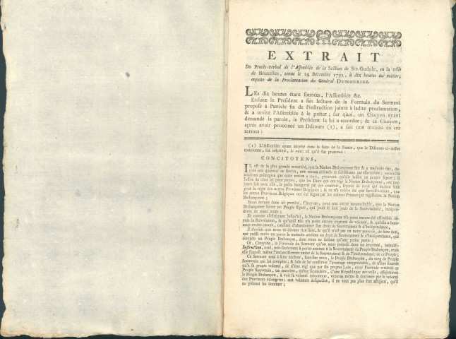 Extrait du procès-verbal de l'Assemblée de la section de Sainte-Gudule à Bruxelles tenue le 29 décembre 1792 suite à la proclamation du général Dumouriez