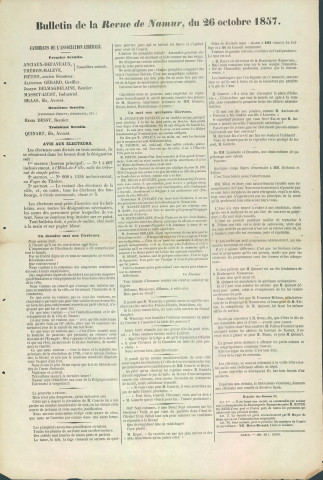 Supplément à La Revue de Namur du 26 octobre 1857 appelant à voter pour les candidats de l'Association libérale de Namur.