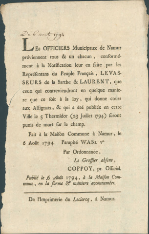 Annonce des officiers municipaux de Namur que la peine de mort sera appliquée à ceux qui conviendront à la notification relative aux assignats. Signé Coppoy.