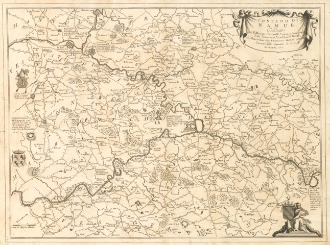 Contado di Namur,
Dedicato
Dal P. Maestro Coronelli, Lettore, e Cosmografo della Serenissima Republica di Ventia, All'Illustrissimo Sig. FRANCESCO MARIA SOLARI Corneta della Guardia di S.A.R. di Savoia, et.c