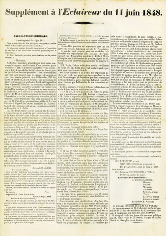 Supplément du journal L'Éclaireur du 11 juin 1848 reproduisant les faits principaux consignés au procès-verbal de l'assemblée générale de l'Association libérale de Namur du 10juin 1848.