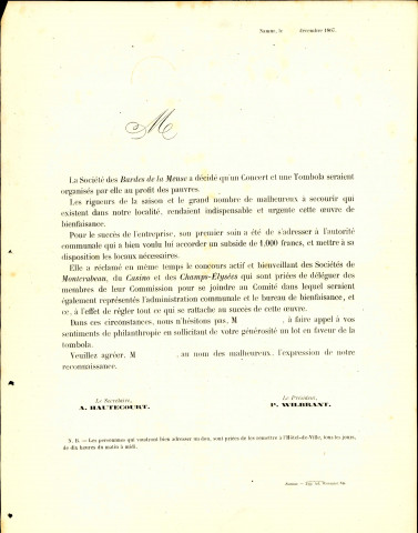 Invitation à faire don d'un objet à la tombola organisée au profit des pauvres, par les Sociétés de Moncrabeau, du Casino et des Champs-Élysées.