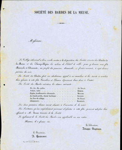 Invitation à participer à une « fête musicale et dansante » organisée, le 17 février 1861, en collaboration avec la Société des Champs-Élysées, au profit des pauvres.