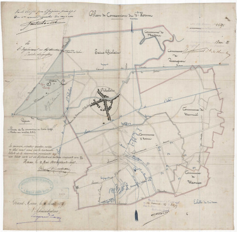 Plan de concession du Charbonnage du Grand-Hornu, sous St Ghislain, Hornu, Wasmuël et Wasmes (comprenant une étendue de 896 hectares), joint à la demande faite par les société d'Hornu et de Belle et Bonne, de pouvoir exploiter par le puits St Emile...