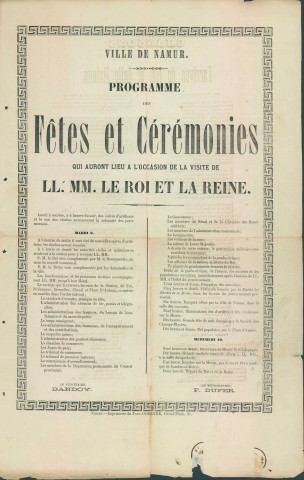 Programme des fêtes et cérémonies qui auront lieu à l'occasion de la visite royale. Au verso, trois chansons, en wallon, « po l'arrivée do Roi et delle Rainne », signée des initiales C. W., sans doute Charles Wérotte.