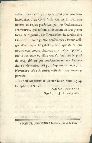 Avis au public du mayeur et des échevins de la Ville de Namur concernant la reprise de la distillation du genevièvre. Signé S.J. Lafontaine.