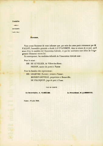 Supplément du journal L'Éclaireur du 11 juin 1848 reproduisant les faits principaux consignés au procès-verbal de l'assemblée générale de l'Association libérale de Namur du 10juin 1848.