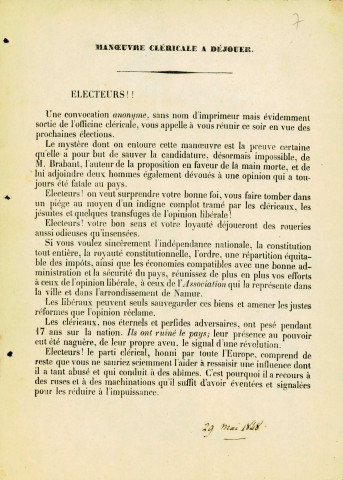 Tract appelant à voter pour les candidats libéraux. Une mention manuscrite date cette lettre imprimée du 29 mai 1848.