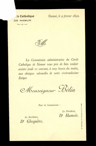 Invitation à assister aux obsèques, le 11 février suivant, de Monseigneur Édouard-Joseph Bélin, évêque de Namur.