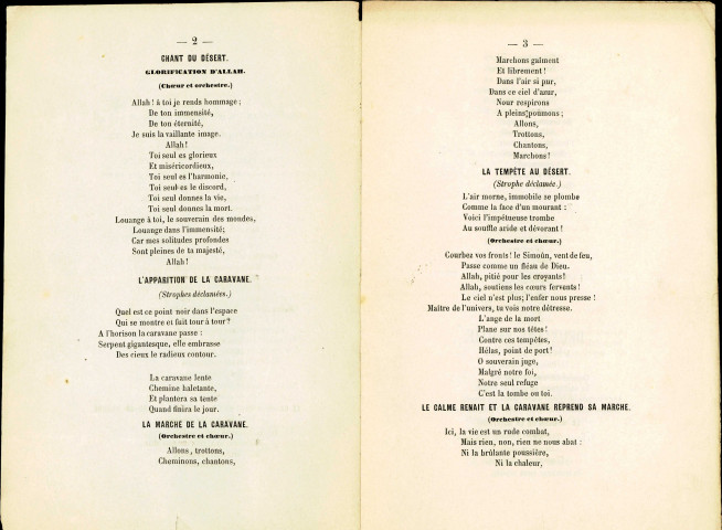 Texte de l'ode-symphonie Le Désert exécutée par le Société des Bardes de la Meuse, au concert du 1er avril 1860. Cette œuvre musicale est due à Auguste Colin, pour le texte, et à Félicien David, pour la musique. Brochure de 8 pages éditée à Namur, chez F. Lambert-De Roisin.