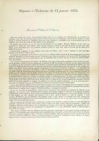 Réponse du candidat Martin Dohet à L'Éclaireur du 13 janvier 1855.