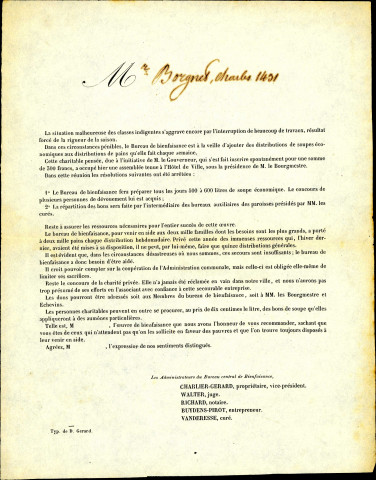 Invitation, non datée et adressée à Jules Borgnet, à aider financièrement le Bureau de bienfaisance de la Ville de Namur à faire face aux besoins des familles indigentes dont le nombre est en augmentation suite à la rigueur du climat.