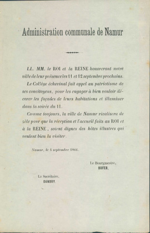 Invitation de l'Administration communale de Namur, adressée à ses concitoyens, à décorer et à illuminer, dans la soirée du 11 septembre, les façades.