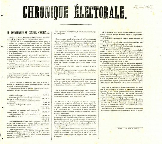 Chronique électorale appelant à voter pour Ignace-Joseph Douxchamps-Zoude. Une mention manuscrite date le document du 24 mai 1867.