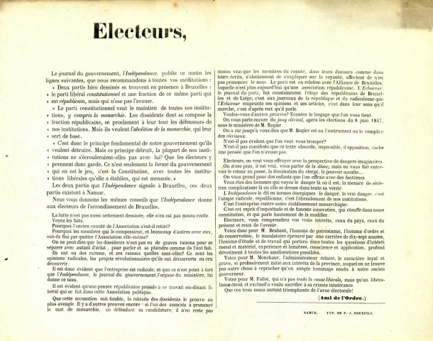 Appel du journal L'Ami de l'Ordre à voter pour Jean-Baptiste Brabant, François Moncheur et Louis Fallot.