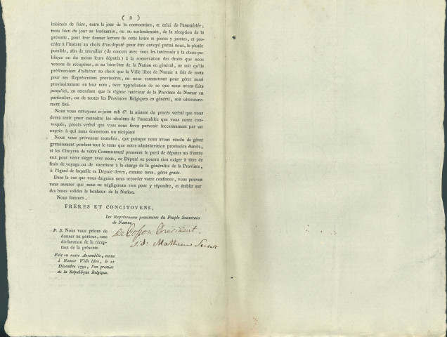 Lettre de l'Assemblée générale des représentants provisoires du peuple souverain de Namur aux maire et échevins d'une commune les informant de la procédure électorale suivie à Namur le 5 décembre 1792 et les invitant à faire de même. Signé De Posson président, J.D. Mathieu secrétaire