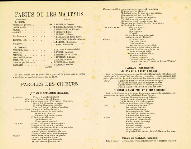 Programme du spectacle organisé, le 20 août 1890, au séminaire de Floreffe, à l'occasion de la distribution des prix.