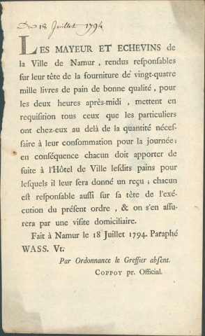 Annonce du mayeur et des échevins de la Ville de Namur sur l'obligation de livrer 24.000 livres de pain. Signé Coppoy.