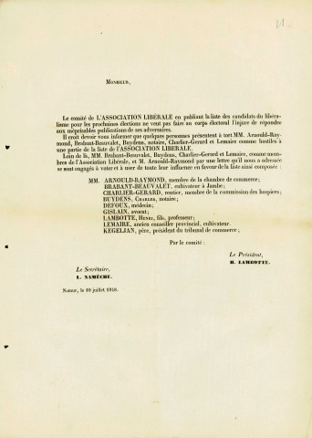 Deux tracts de l'Association libérale de Namur appelant à voter pour ses candidats. Documents adressés à Jean-Baptiste Brabant.