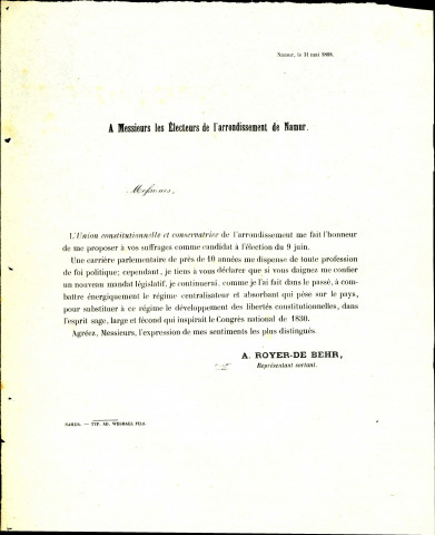 Tract électoral d'Auguste Royer-de Behr.