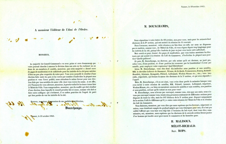 Lettre de Henri Douxchamps à l'éditeur de L'Ami de l'Ordre accusant ce journal de vouloir jeter la division dans les rangs du Conseil communal. Réponse de Henri Malisoux, Ernest Mélot-Richald et Alphonse Rops.