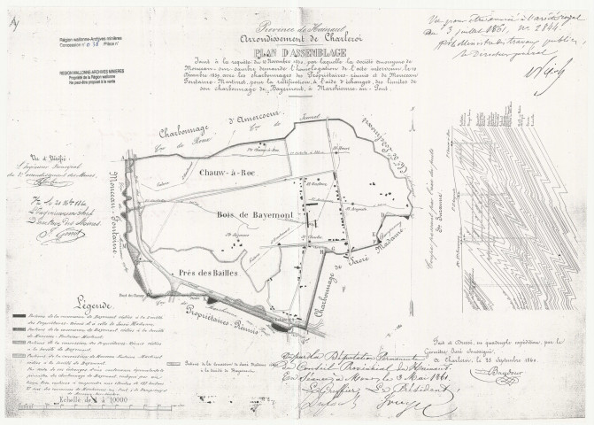 Plan d'assemblage Joint à la requête du 10 Novembre 1860, par laquelle la Société anonyme de Monceau-sur-Sambre demande l'homologation de l'acte intervenu le 10 Décembre 1859 avec les charbonnages des Propriétaires-réunis et de Monceau Fontaine-Martinet, pour la rectification, à l'aide d'échanges, des limites de son charbonnage de Bayemont, à Marchienne-au-Pont.